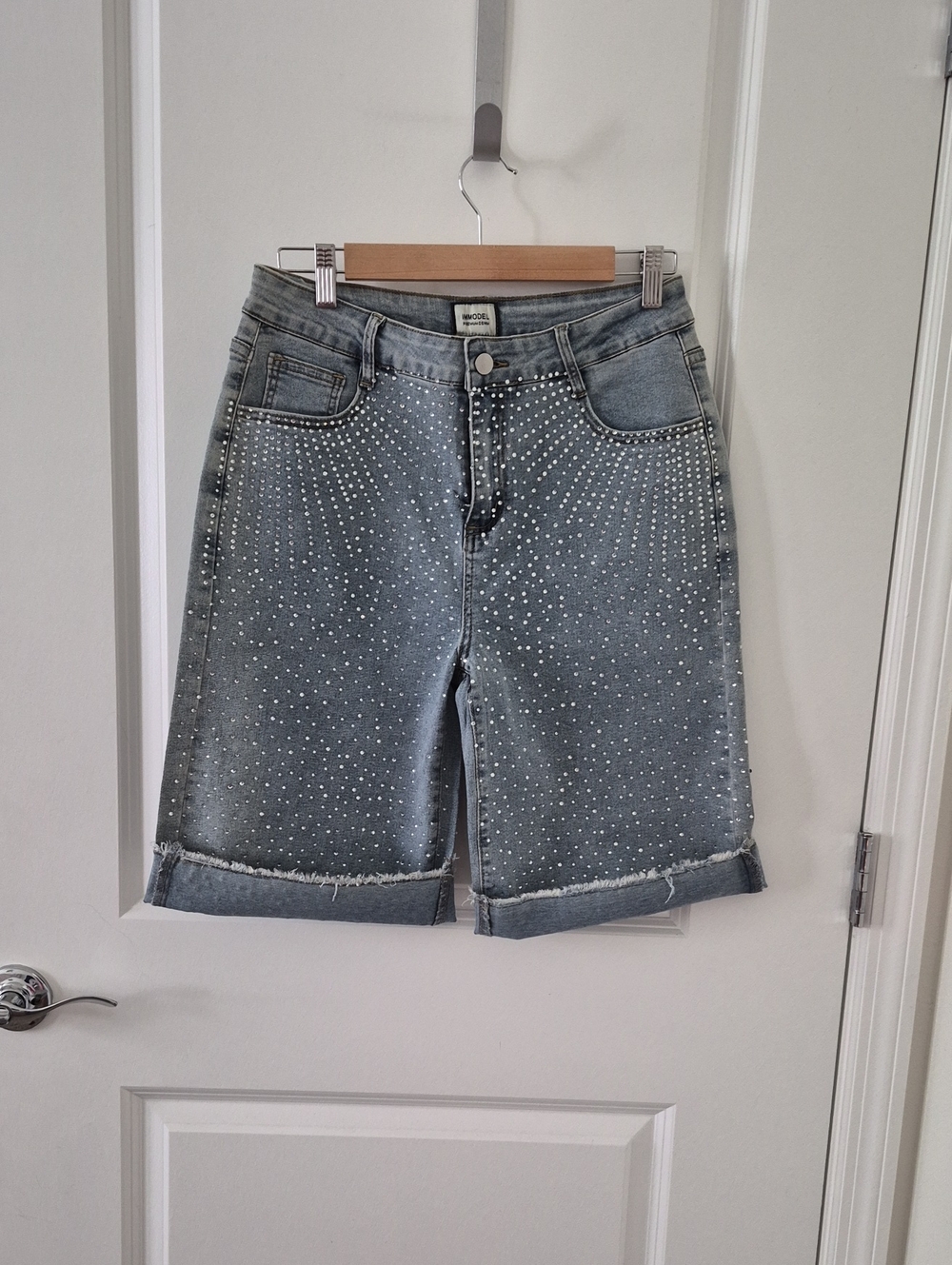 Studded Light Blue Denim Bermuda Shorts